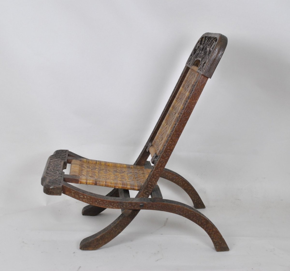 Folding Chair In Exotic Wood Carved And Canning, Asia, Late XIXth/ Early XXth Century-photo-7