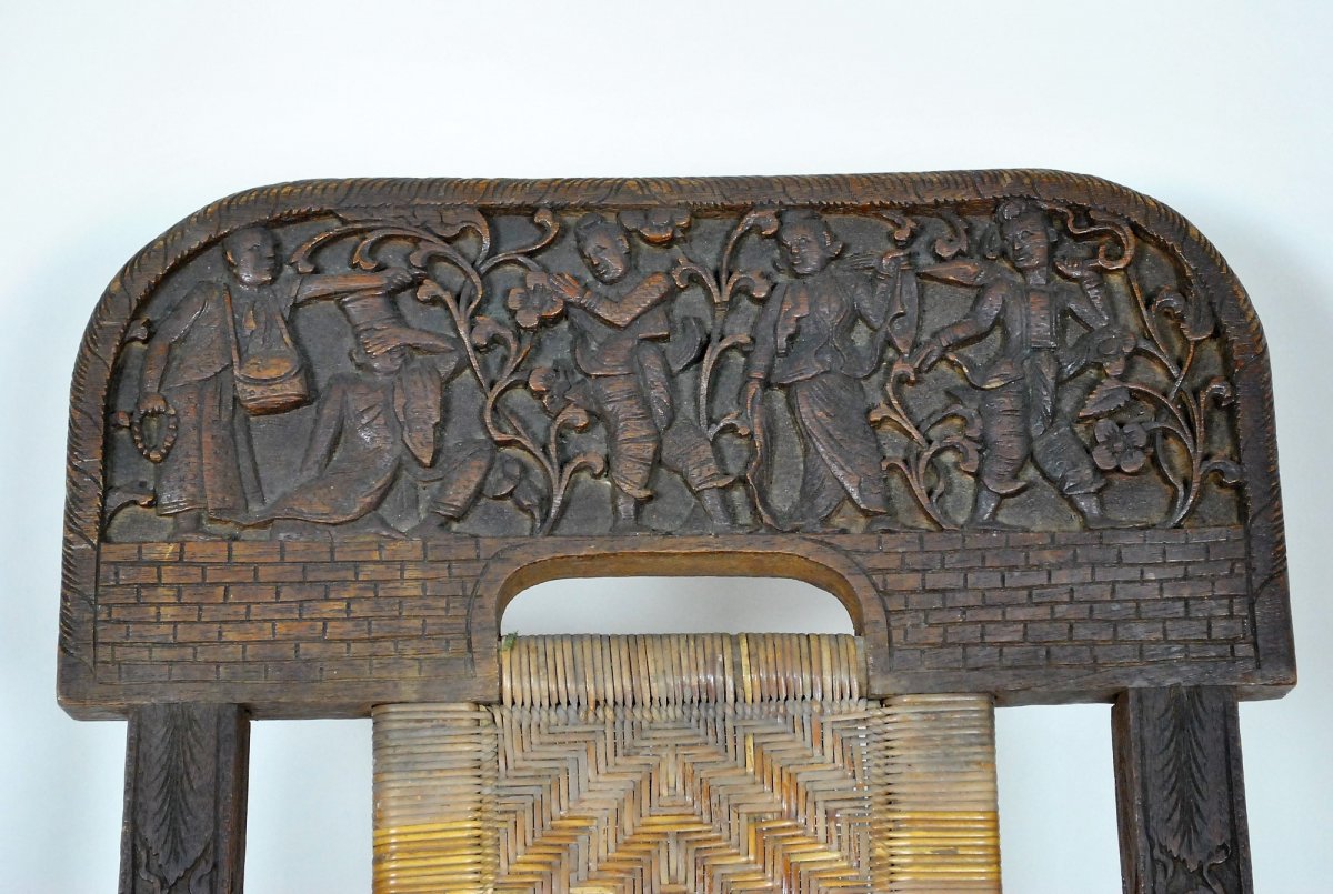 Folding Chair In Exotic Wood Carved And Canning, Asia, Late XIXth Early XXth Century-photo-2