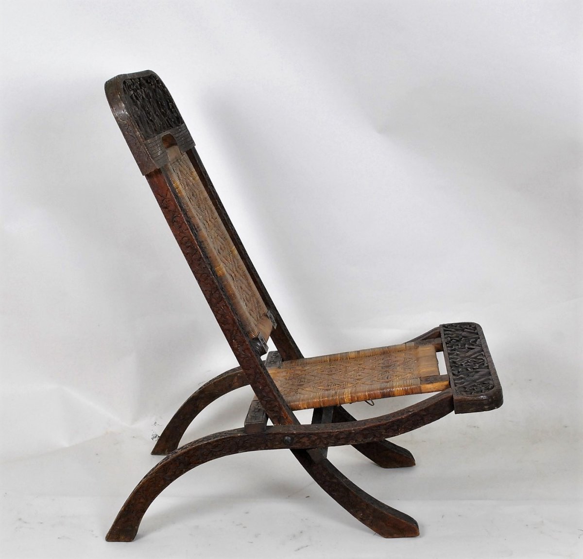 Folding Chair In Exotic Wood Carved And Canning, Asia, Late XIXth Early XXth Century-photo-4