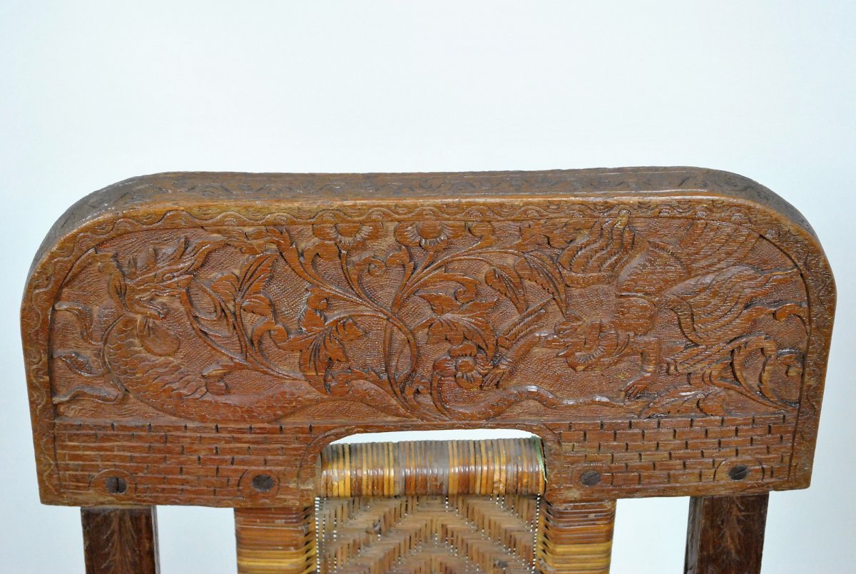 Folding Chair In Exotic Wood Carved And Canning, Asia, Late XIXth Early XXth Century-photo-8