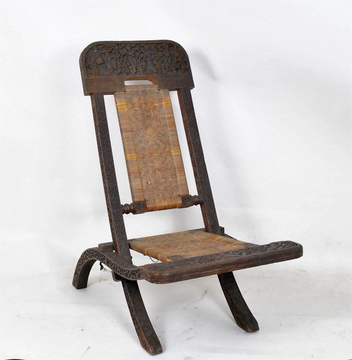 Folding Chair In Exotic Wood Carved And Canning, Asia, Late XIXth Early XXth Century