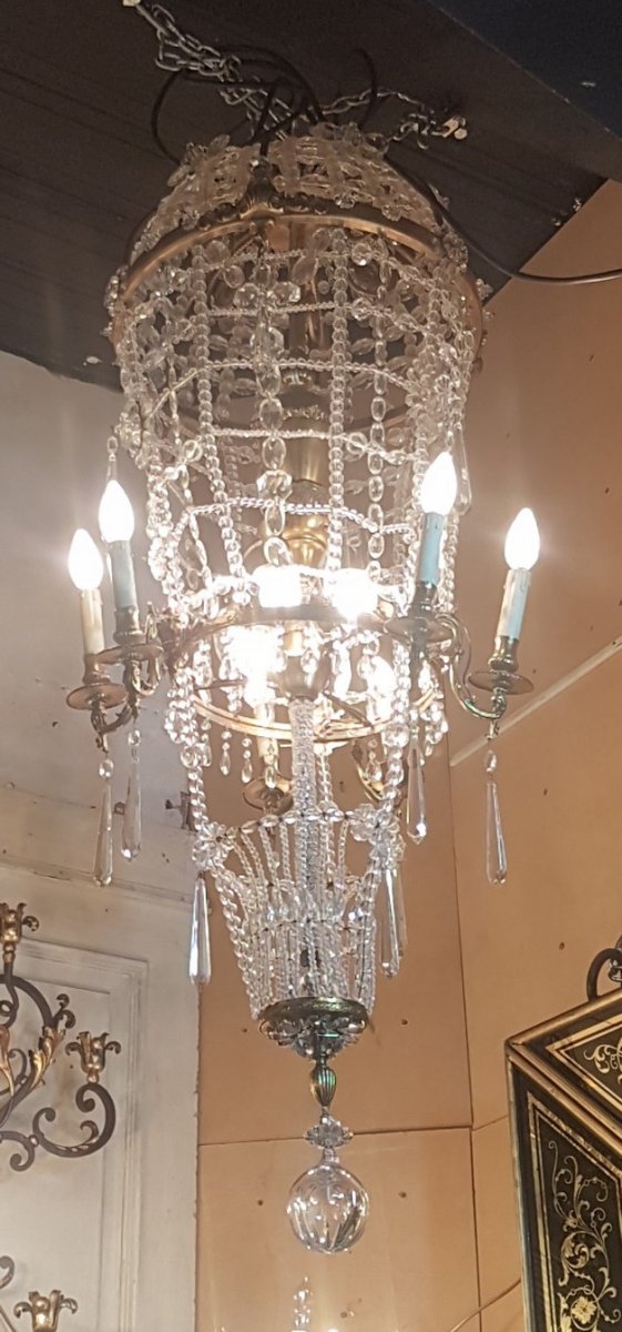 Grand lustre en forme de  montgolfière en bronze et cristal,  XXème siècle