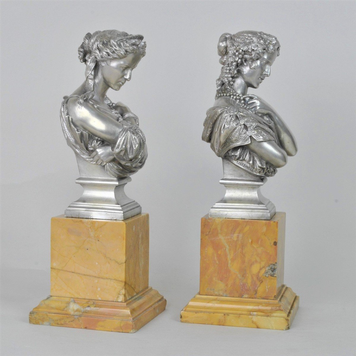 Clesinger / Collas, Pair Of Busts In Silverplated  Bronze, XIXth Century-photo-2