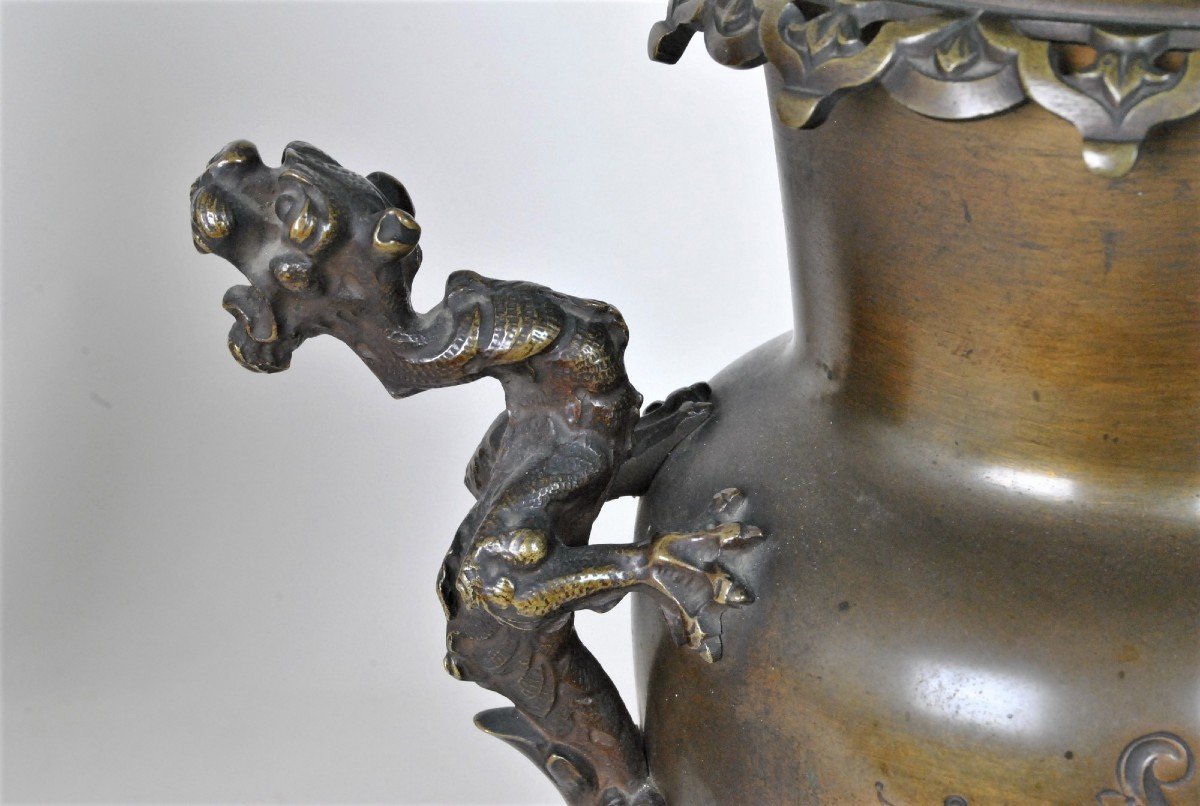Pair Of Chinese Oil Lamps, Bronze XIXth Century-photo-3