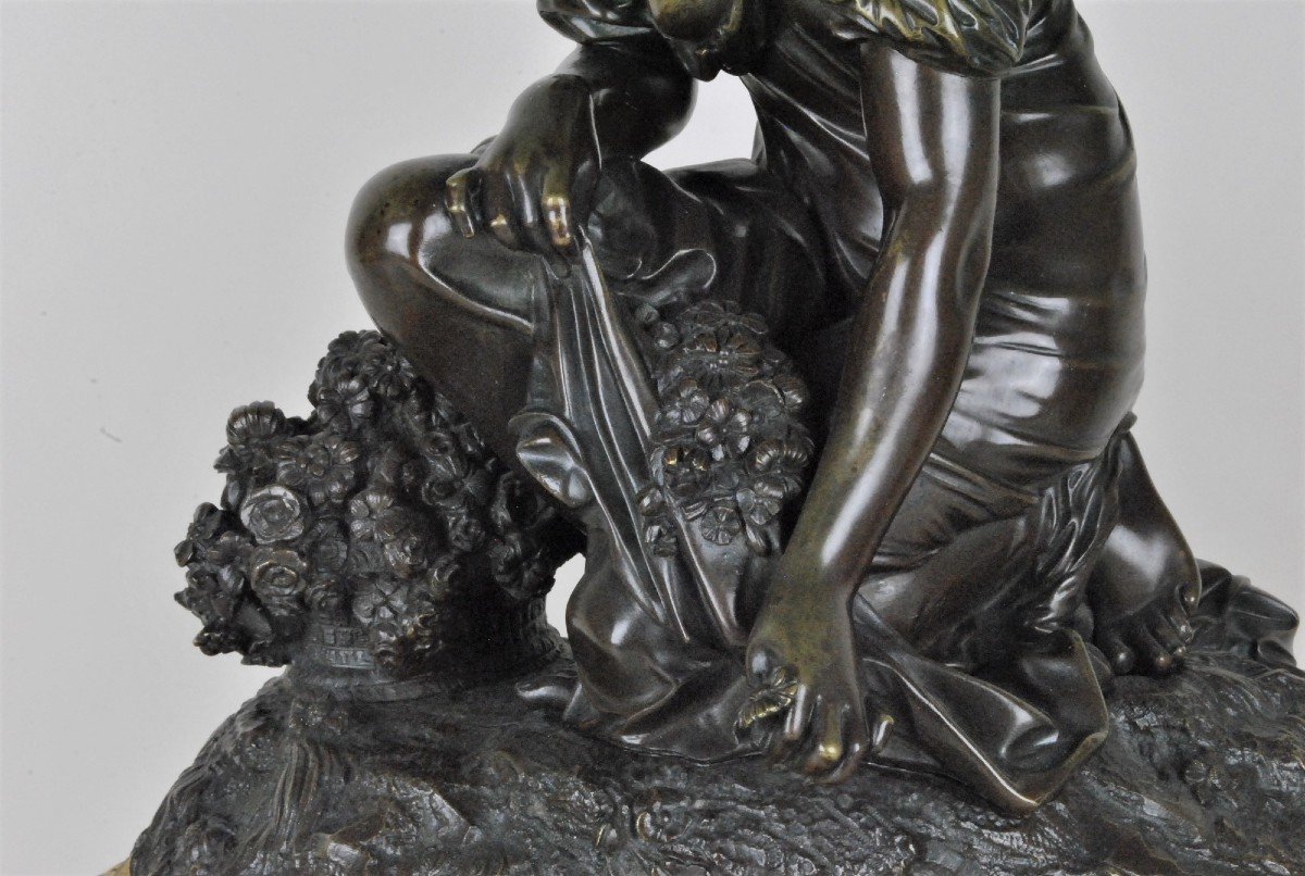 Pendule En Bronze, Femme Aux Fleurs, Schenewerk, XIXème Siècle-photo-2