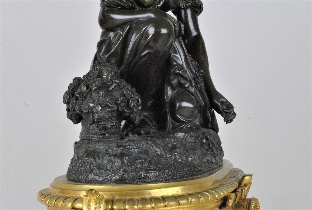Pendule En Bronze, Femme Aux Fleurs, Schenewerk, XIXème Siècle-photo-8