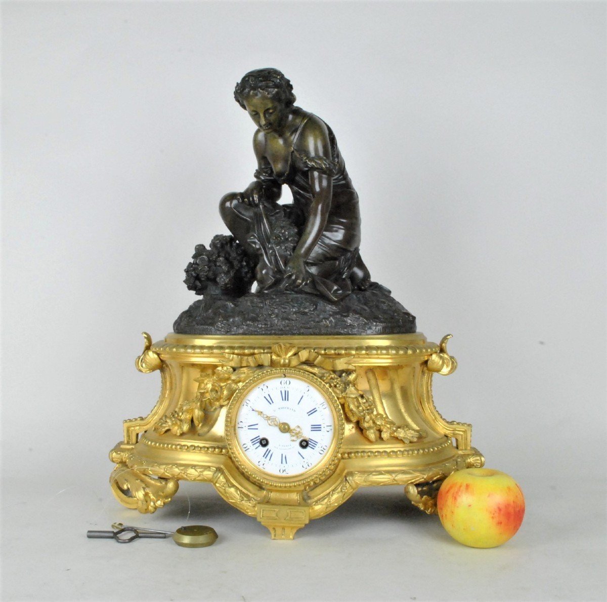 Pendule En Bronze, Femme Aux Fleurs, Schenewerk, XIXème Siècle