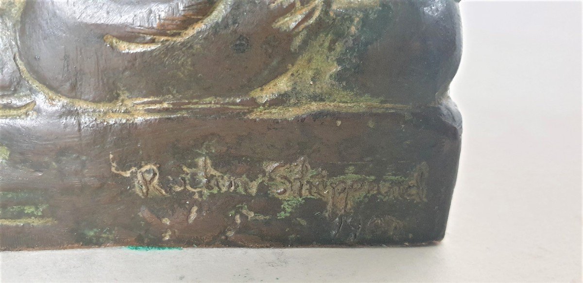 Robin Shippard, Fillette Au Chiot, Bronze Signé Et Daté 1901-photo-2