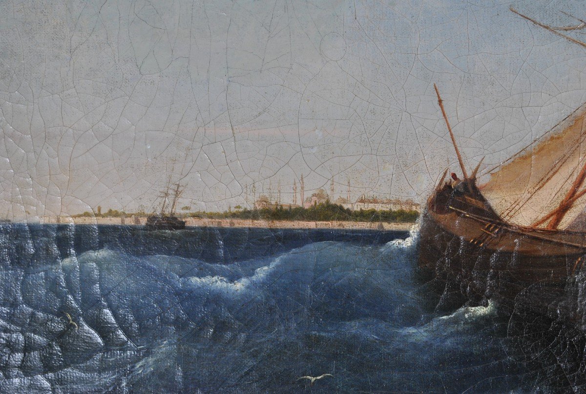 F Berré, Hst Ship In Front Of Constantinople, XIXth Century-photo-3