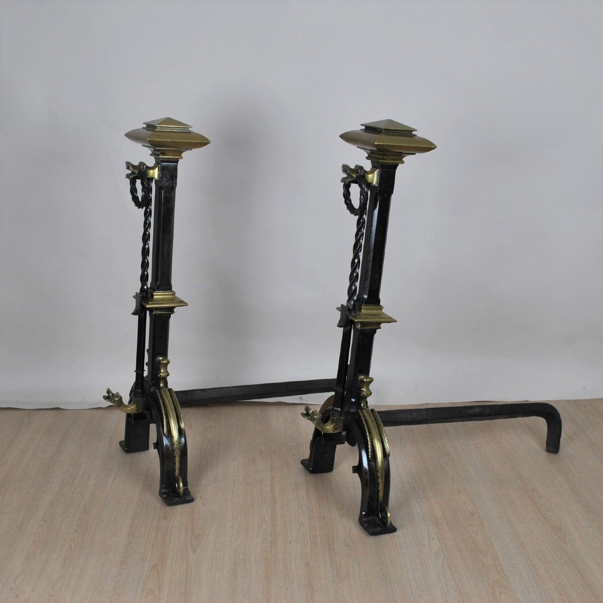 Pair Of Andirons In Bronze And Iron, Gothic Style, XIXth Century-photo-3