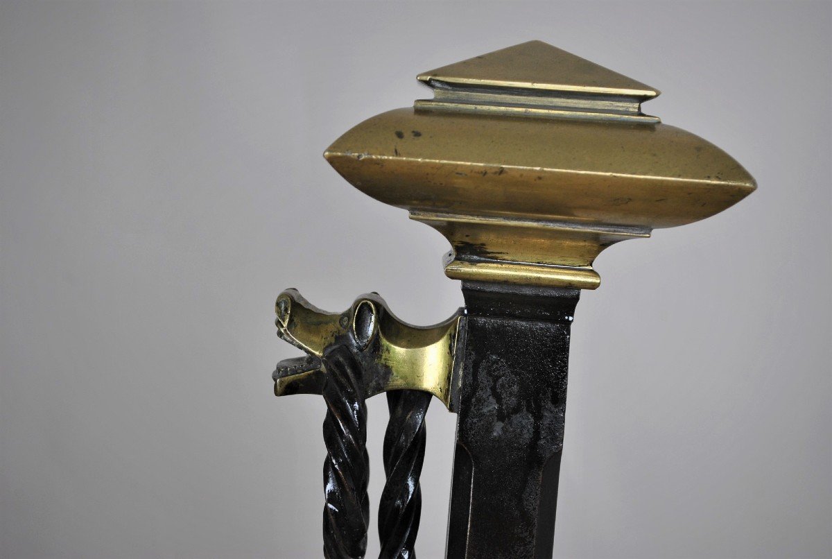 Paire De Chenets En Bronze Et Fer, Style Gothique, XIXème Siècle-photo-3