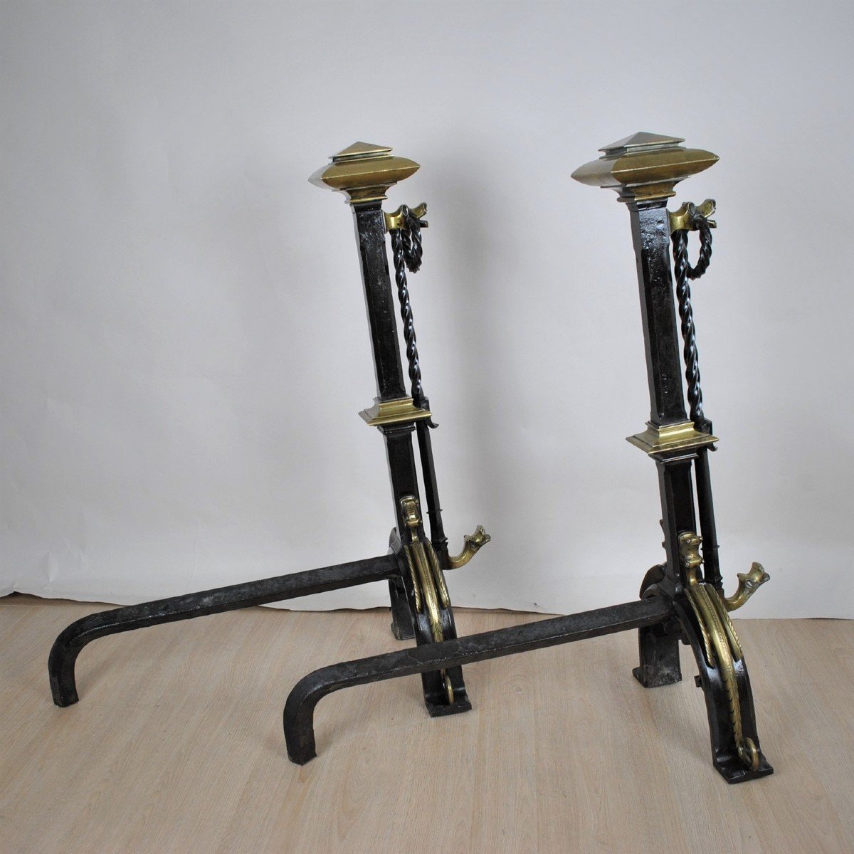 Pair Of Andirons In Bronze And Iron, Gothic Style, XIXth Century-photo-8