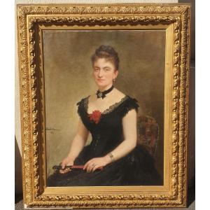 C Deschamps, Portrait Of Woman, In Black Dress, XIXth Century