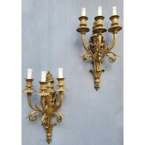 Pair Of Louis XVI Gilt Bronze Sconces, XIXth Century