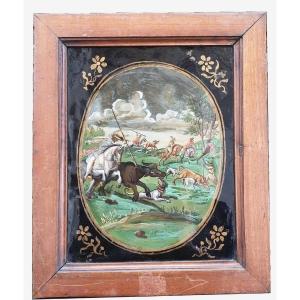 The Buffalo Hunt, Fixed Under Glass, Indo-portuguese? 18th Century