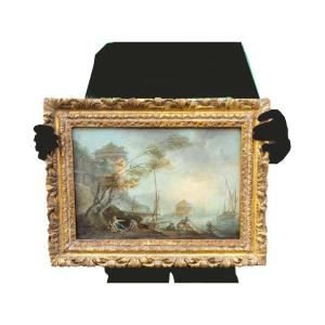 Animated Landscape Of Fishermen, Oil On Framed Canvas, 18th Century