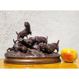 A Arson, Terrier Hunting Dogs, Signed Bronze, 19th Century