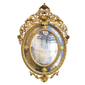 Large Oval Mirror In Gilded Wood, Napoleon III, 19th Century