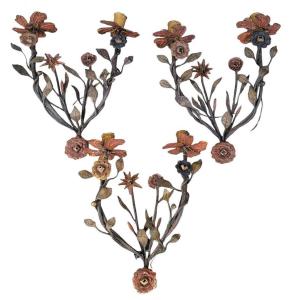 Set Of 3 Painted Iron Wall Lights, 18th Century