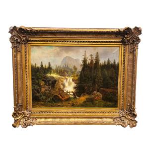 Alpine Landscape, Large Framed Oil On Canvas, 19th Century