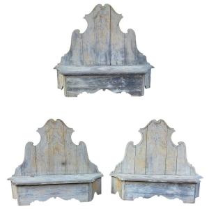 Rare Set Of 3 Painted Wooden Castle Entrance Benches/chests, L190cm, 19th Century