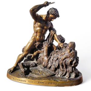 Coinchon, Alexandre et le lion de Bazarie, bronze signé, XIXème siècle