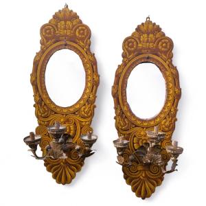 Large Pair Of Painted Wooden Wall Sconces, 18th Century
