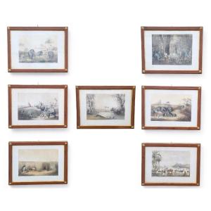 Set Of 7 Framed Engravings, Hunting In Asia, 19th Century 