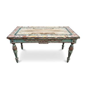 Coffee Table In Marble Marquetry And Lacquered Wood, Late 19th/early 20th Century