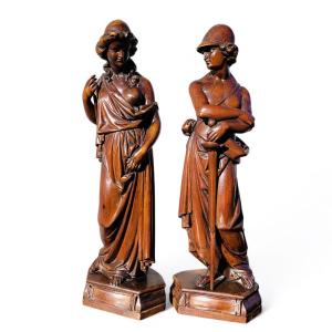 Pair Of Wooden Sculptures, H70cm, 19th Century