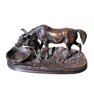 Pj Mêne, Arabian Mare And Her Foal, Signed Bronze, 19th Century
