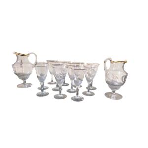 Elegant Set Of 11 Large Glasses + 2 Decanters, 20th Century Italy