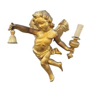 Gilded Wooden Winged Putto Holding A Lamp, Italy, 19th Century