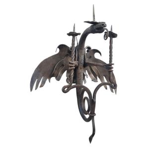In The Mazzucotelli Style, 2 Wrought-iron Dragon Wall Sconces, H58cm, Early 20th Century