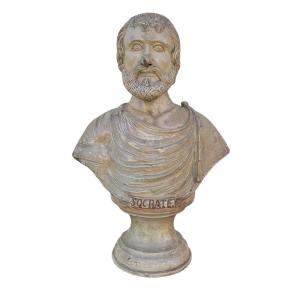 Socrate, grand buste H73cm en terre cuite vernissée, Italie, XIXème siècle