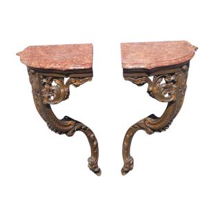 Pair Of Corner Consoles, H 99 Cm, Louis XV Style, Late 19th Century