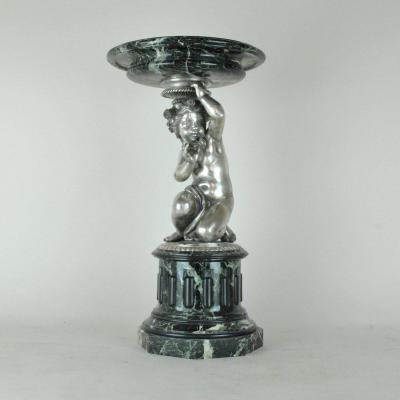 Marble Cup And Putto In Silver Bronze, 19th Century