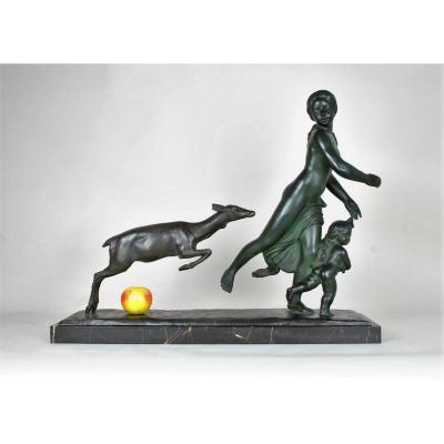 G Gori, Large Bronze Running Woman With A Doe, XXth Century