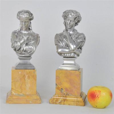 Clesinger / Collas, Pair Of Busts In Silverplated  Bronze, XIXth Century