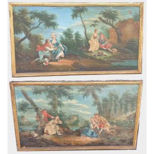 Pair Oils On Canvas, Gallant And Pastoral Scenes, XVIIIth Century