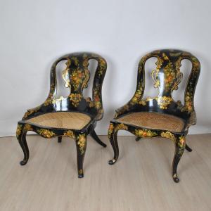 Paire De Fauteuils En Papier Mâché, XIXème Siècle