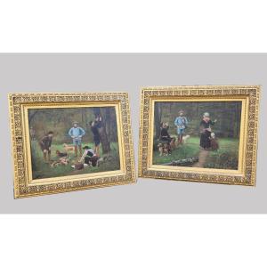 F Brillaud, Pair Of Paintings, Hunting Scenes, XIXth Century