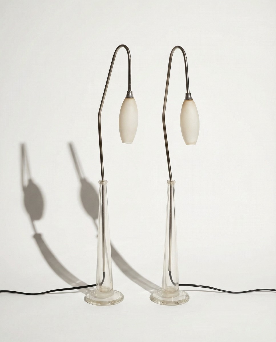 Set Of 2 French Table Lamps In Glass And Metal – Late 20th Century Design-photo-2