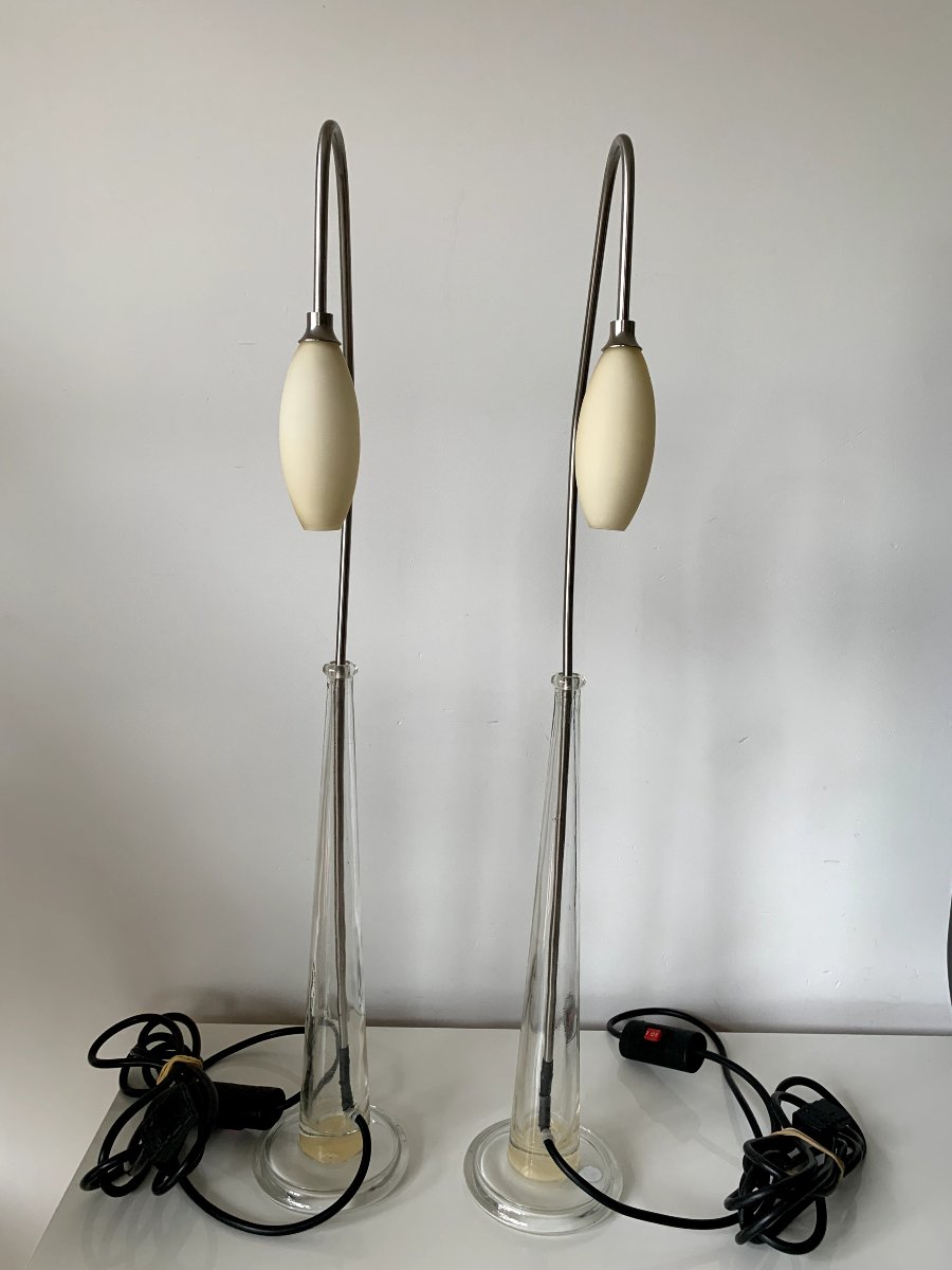Set Of 2 French Table Lamps In Glass And Metal – Late 20th Century Design-photo-2