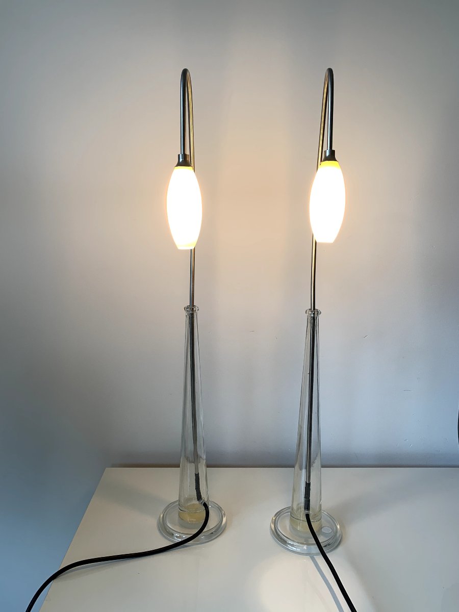 Set Of 2 French Table Lamps In Glass And Metal – Late 20th Century Design-photo-4