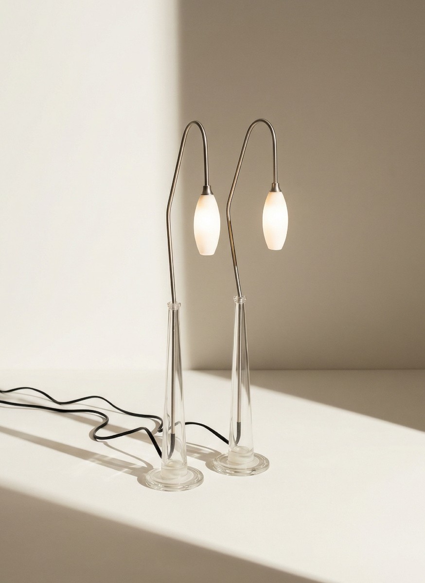 Set Of 2 French Table Lamps In Glass And Metal – Late 20th Century Design