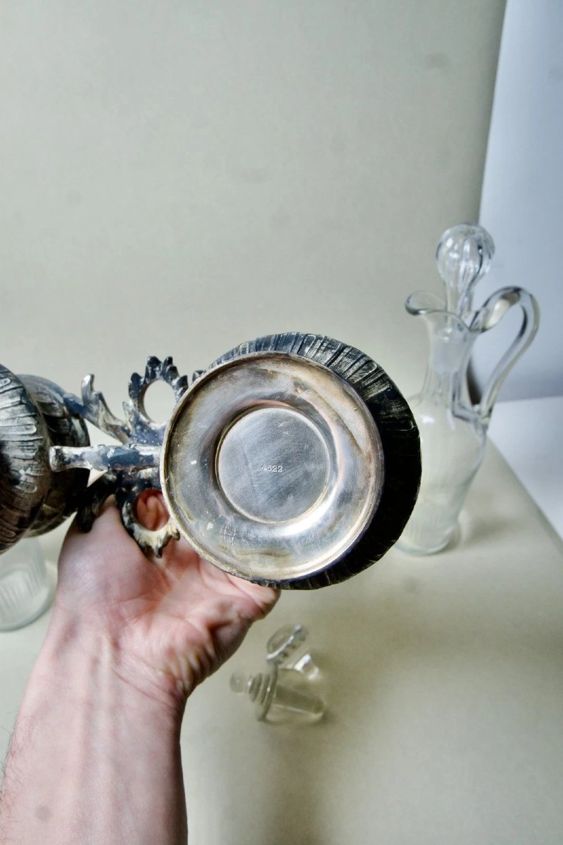Gallia Oil And Vinegar Set In Silver-plated Metal With Crystal In The Rococo Style, 19th Century-photo-3