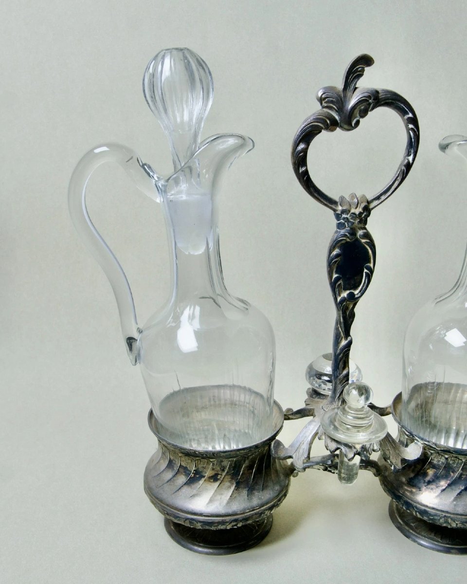Gallia Oil And Vinegar Set In Silver-plated Metal With Crystal In The Rococo Style, 19th Century-photo-4