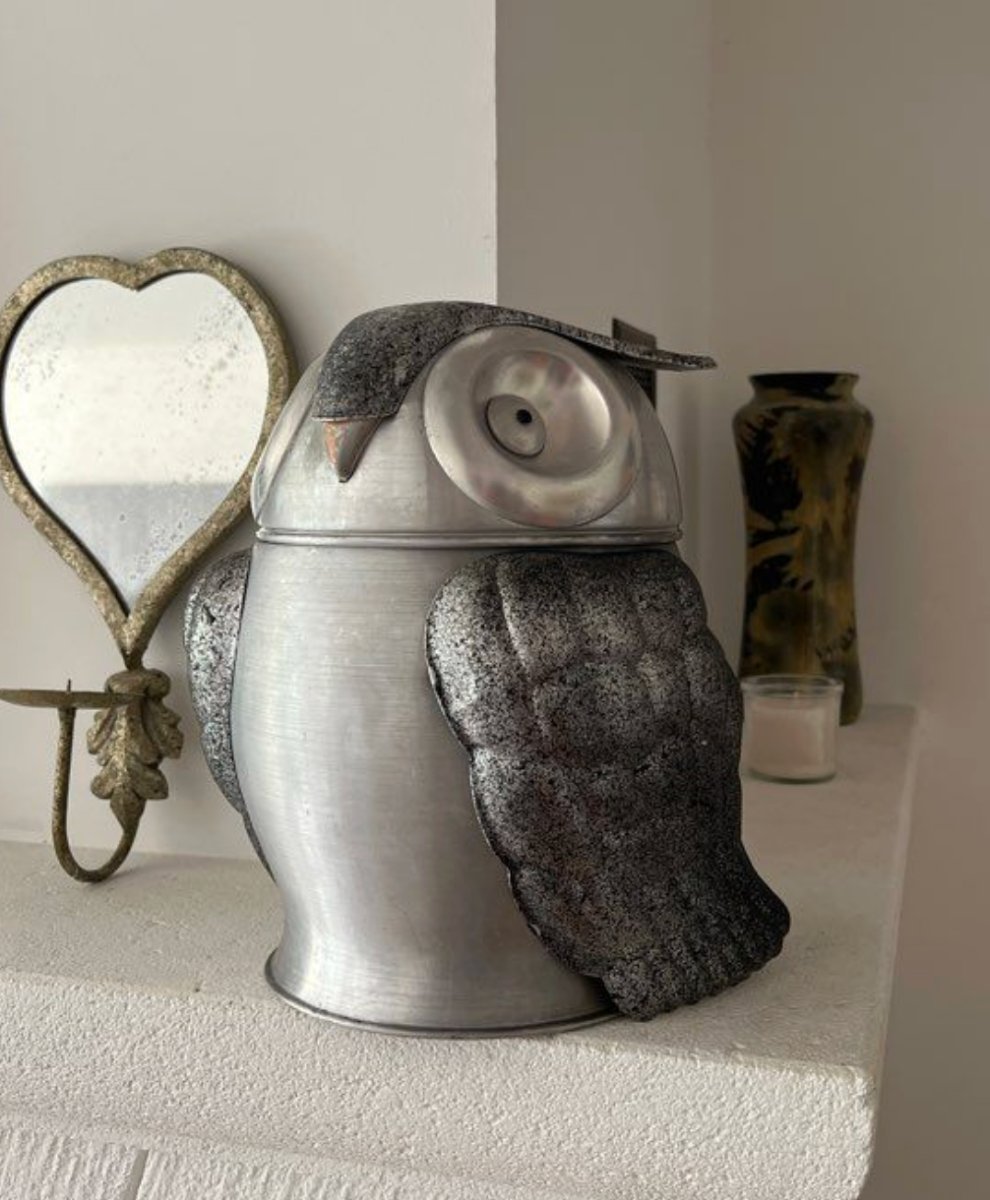 Seau à glaçons vintage en forme de chouette – Aluminium brossé made in Italy - années 70-photo-2