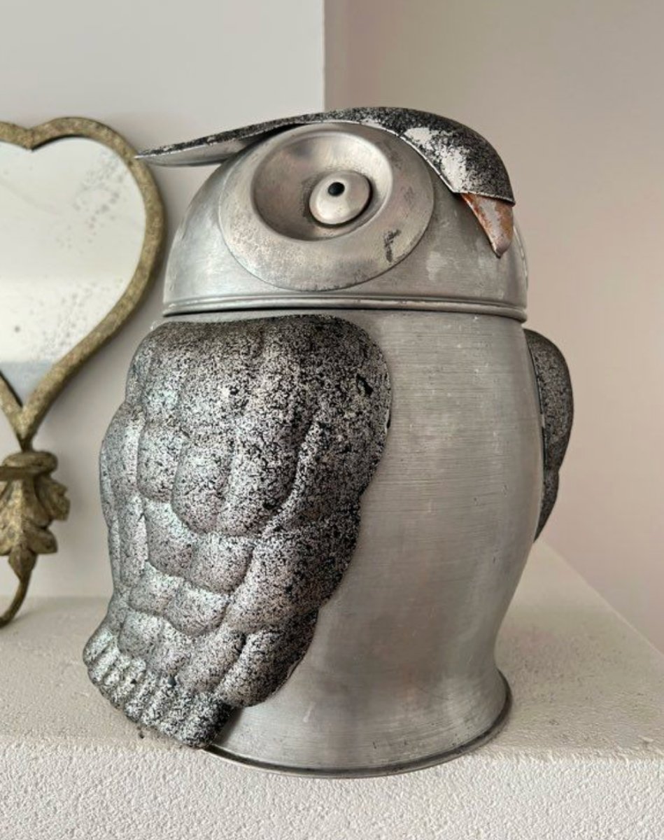 Seau à glaçons vintage en forme de chouette – Aluminium brossé made in Italy - années 70-photo-3